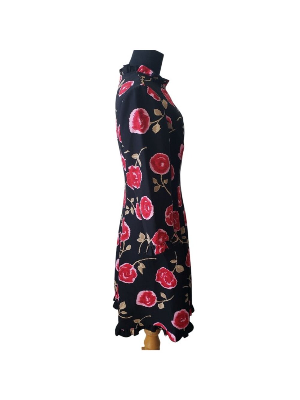 Kate Spade Black Pink Rose Floral Midi Ruffle Hem Dress Modest Career Feminine - Picture 12 of 14